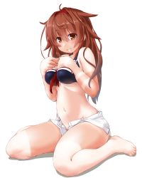 Rule 34 | 1girl, adapted costume, bad id, bad pixiv id, belly, bikini, black bikini, blush, breasts, brown hair, dd (ijigendd), hair flaps, hairband, hands on own chest, highres, kantai collection, long hair, looking at viewer, medium breasts, orange eyes, red hairband, shiratsuyu (kancolle), shorts, simple background, sitting, smile, solo, stomach, swimsuit, tan, tanline, wariza, white background
