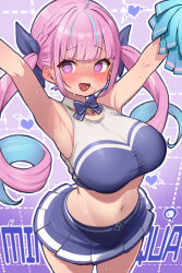 Rule 34 | 1girl, @ @, alternate costume, armpits, arms up, blue bow, blue bowtie, blue hair, blue sports bra, blunt bangs, blush, bow, bowtie, braid, breasts, cheerleader, crop top, drill hair, embarrassed, fanged bangs, french braid, full-face blush, highres, hololive, kani bonara, large breasts, looking at viewer, midriff, minato aqua, multicolored hair, navel, open mouth, pleated skirt, pom pom (cheerleading), purple eyes, purple hair, skirt, solo, sports bra, streaked hair, sweat, text in mouth, twin braids, twin drills, twintails, two-tone hair, virtual youtuber