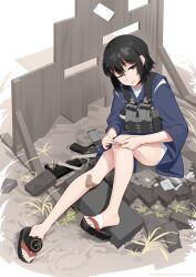 Rule 34 | 1girl, absurdres, ammunition pouch, bandaid, bandaid on knee, bandaid on leg, black footwear, black hair, blue kimono, character request, commentary, full body, grey eyes, gun sling, hair between eyes, half-closed eye, highres, japanese clothes, kimono, long sleeves, nusisring tactical, one eye closed, parted lips, pouch, sandals, scrape, scraped knee, sitting, solo, vectorek, watch, weapon request, white background, wide sleeves, zouri