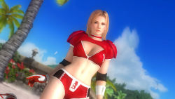Rule 34 | 1girl, 3d, beach, blonde hair, blue eyes, breasts, dead or alive, dead or alive 5, female focus, gloves, large breasts, nature, navel, official art, outdoors, plant, short shorts, shorts, shoulder pads, sky, solo, tina armstrong