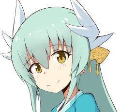 Rule 34 | 1girl, blue kimono, blush, brown eyes, closed mouth, dragon horns, fate/grand order, fate (series), green hair, hair between eyes, head tilt, headgear, highres, horns, japanese clothes, kimono, kiyohime (fate), long hair, looking at viewer, mitchi, simple background, smile, solo, white background