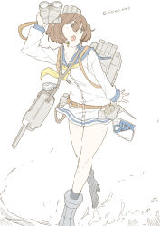 Rule 34 | 10s, 1girl, ankle boots, arm up, backpack, bad id, bad pixiv id, bag, belt, binoculars, bob cut, boots, brown hair, canteen, compass, crossed legs, eyelashes, high heel boots, high heels, holding, holding binoculars, kantai collection, legs, looking to the side, map, ocean, on water, open mouth, school uniform, serafuku, short hair, shoulder bag, simple background, solo, speaking tube headset, thighs, torpedo tubes, turret, twitter username, walking, walking on liquid, wallking, water, watson cross, waves, white background, yukikaze (kancolle)