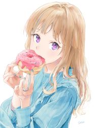 Rule 34 | 1girl, artist name, blue hair, blue nails, blue shirt, blush, doughnut, eating, esc1 2d, food, food in mouth, hands up, highres, himehina channel, holding, holding food, jewelry, lace trim, light brown hair, long hair, long sleeves, looking at viewer, mouth hold, multicolored hair, nail polish, purple eyes, ring, shadow, shirt, simple background, solo, streaked hair, suzuki hina, upper body, virtual youtuber, white background
