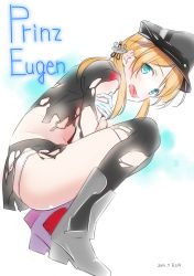 Rule 34 | 10s, 1girl, 2015, ama mitsuki, anchor hair ornament, blonde hair, blue eyes, blush, character name, dated, gradient background, hair ornament, hat, kantai collection, long hair, military, military uniform, open mouth, panties, peaked cap, pleated skirt, prinz eugen (kancolle), shirt, skirt, solo, ten sangatsu, thighhighs, torn clothes, torn shirt, torn skirt, torn thighhighs, twintails, underwear, uniform, white panties