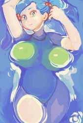 Rule 34 | 1girl, blue hair, breasts, breasts apart, floating, hair bobbles, hair ornament, kawashiro nitori, lamm-flaum, one-piece swimsuit, swimsuit, touhou, twintails, water