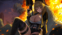 Rule 34 | 1girl, :d, absurdres, against wall, ammunition, anis (nikke), belt, black coat, black gloves, black hat, black shorts, black thighhighs, blush, breasts, brown eyes, brown hair, cleavage, cloud, coat, explosion, explosive, fire, gloves, goddess of victory: nikke, grenade, grenade cartridge, grenade launcher, gun, hair ornament, hairclip, hat, highres, holding, holding gun, holding weapon, huge breasts, jacket, large-caliber cartridge, large breasts, long hair, long sleeves, looking at viewer, milkor mgl, onedoo, open clothes, open coat, open mouth, outdoors, revolver grenade launcher, rubble, ruins, shirt, short shorts, shorts, sitting, smile, solo, thick thighs, thigh strap, thighhighs, thighs, underbust, unzipped, weapon, white shirt