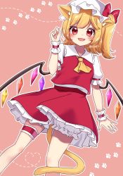 Rule 34 | 1girl, absurdres, animal ear fluff, animal ears, ascot, bad id, bad pixiv id, blonde hair, bloomers, bow, bridal garter, cat ears, cat tail, collared shirt, fang, feet out of frame, flandre scarlet, hair bow, hat, highres, kemonomimi mode, looking at viewer, mob cap, neckerchief, one side up, open mouth, outline, paw print, paw print background, pink background, red eyes, red skirt, red vest, shinonome asu, shirt, skirt, skirt set, smile, solo, tail, touhou, underwear, vest, white hat, white outline, wings, wrist cuffs, yellow ascot