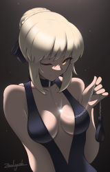 Rule 34 | 1girl, artist name, artoria pendragon (all), artoria pendragon (fate), black bow, blonde hair, bow, braid, breasts, chain, chain leash, cleavage, collar, collarbone, dress, dutch angle, fate/grand order, fate (series), french braid, gradient background, hair bow, highres, leash, looking at viewer, medium breasts, one eye closed, saber alter, shaded face, smile, solo, yellow eyes, zealyush