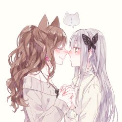 Rule 34 | !, 2girls, animal ears, bad id, bad pixiv id, bang dream!, beige background, blush, brown hair, butterfly hair ornament, cat ears, closed eyes, earrings, face-to-face, from side, grey hair, grey sweater, hair ornament, half updo, holding hands, imai lisa, jewelry, kamesuke (turtle0124), kemonomimi mode, long hair, minato yukina, multiple girls, noses touching, off-shoulder sweater, off shoulder, pendant, rabbit earrings, shirt, simple background, smile, spoken exclamation mark, sweater, upper body, white shirt, yellow eyes, yuri