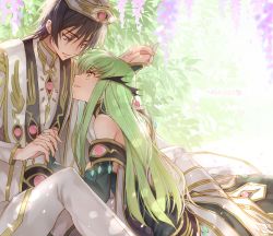 Rule 34 | 1boy, 1girl, bare shoulders, black hair, breasts, c.c., code geass, couple, creayus, dated, dress, eye contact, green hair, grin, hair ornament, holding hands, hat, hetero, lelouch vi britannia, long hair, looking at another, purple eyes, short hair, smile, yellow eyes