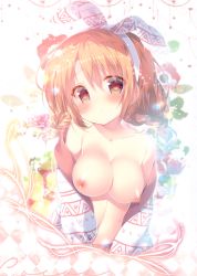 Rule 34 | 1girl, absurdres, alternate hairstyle, bare shoulders, blush, braid, breasts, brown eyes, character name, cleavage, closed mouth, eyes visible through hair, floral background, gochuumon wa usagi desu ka?, hair between eyes, hairband, highres, hoto cocoa, long hair, looking at viewer, medium breasts, mitsumomo mamu, nipples, no bra, off shoulder, open clothes, orange hair, scan, solo, tearing up, twin braids, upper body, white hairband