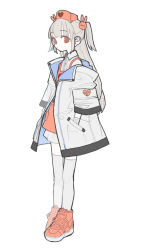 Rule 34 | 1girl, apron, bandaged wrist, bandages, closed mouth, collared dress, commentary request, dress, expressionless, full body, grey hair, grey jacket, grey thighhighs, hair ornament, hands in pockets, hat, highres, jacket, limited palette, long hair, looking at viewer, natori sana, nurse cap, off shoulder, open clothes, open jacket, rabbit hair ornament, red apron, red eyes, red footwear, sana channel, shoes, short dress, sidelocks, simple background, sneakers, solo, standing, thighhighs, two side up, uewtsol, virtual youtuber, white dress