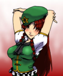Rule 34 | 1girl, arms behind head, arms up, blue eyes, braid, breasts, china dress, chinese clothes, dress, embodiment of scarlet devil, female focus, gradient background, gumdrop, hat, hong meiling, long hair, red hair, solo, touhou, twin braids