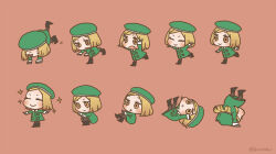 Rule 34 | 1girl, beret, blonde hair, blush, boots, chibi, coat, eyelashes, fang, fate/grand order, fate (series), frown, gloves, green coat, green hat, hat, mz (stereo man), open mouth, pantyhose, paul bunyan (fate), pink background, short hair, simple background, smile, solo, somersault, sparkle, twitter username, yellow eyes