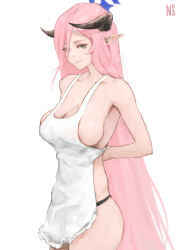 Rule 34 | 1girl, apron, black panties, blue archive, blue halo, breasts, closed mouth, collarbone, green eyes, halo, highres, horns, juri (blue archive), large breasts, long hair, looking at viewer, naked apron, numb3r 3, panties, pink hair, pointy ears, simple background, smile, solo, underwear, white apron, white background