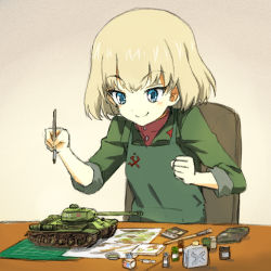 Rule 34 | 10s, 1girl, apron, blonde hair, blue eyes, blush, buttons, chair, closed mouth, girls und panzer, green apron, green jacket, holding, holding paintbrush, jacket, katyusha (girls und panzer), long sleeves, looking down, military, military vehicle, motor vehicle, paintbrush, pravda school uniform, red shirt, school uniform, shiratama (hockey), shirt, short hair, sitting, sleeves rolled up, smile, solo, tank, turtleneck, upper body