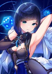 Rule 34 | 1girl, arm behind head, armpits, asymmetrical gloves, bare shoulders, black hair, blue hair, bob cut, breasts, cleavage, diagonal bangs, dice, feather-trimmed jacket, fur trim, genshin impact, gloves, glowing, green eyes, highres, large breasts, looking at viewer, makaroni (makaroni kana), mole, mole on breast, parted lips, short hair, smile, solo, yelan (genshin impact)