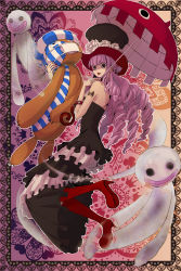 Rule 34 | 1girl, bare shoulders, bat (symbol), boots, curly hair, dress, drill hair, flower, flying, frilled dress, frills, ghost, hat, high heels, highres, kumacy, long hair, looking back, nail polish, one piece, parasol, perona, pink hair, red footwear, red nails, rose, sabaody archipelago, scar, shoes, stitches, striped clothes, striped headwear, stuffed animal, stuffed toy, tanedahiwa (carduelini), tattoo, teddy bear, tongue, tongue out, top hat, umbrella, watch, wristwatch