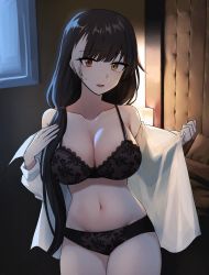 Rule 34 | 1girl, absurdres, backlighting, bad id, bad pixiv id, bare shoulders, black bra, black hair, black panties, bra, breasts, cleavage, collarbone, cowboy shot, dark, girls&#039; frontline, groin, hair over shoulder, heterochromia, highres, indoors, lace, lace-trimmed bra, lace trim, large breasts, lix (iroiro3843), long hair, looking at viewer, multicolored hair, navel, night, off shoulder, open clothes, open mouth, open shirt, panties, red eyes, reeds, ro635 (girls&#039; frontline), shirt, solo, stomach, streaked hair, string bra, sweatdrop, thighs, two-tone hair, underwear, undressing, very long hair, white shirt, yellow eyes
