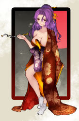 Rule 34 | 1girl, aoshima, between breasts, breasts, cleavage, collarbone, commentary request, folding fan, full body, hand fan, highres, holding, holding smoking pipe, japanese clothes, kimono, kiseru, komakusa sannyo, large breasts, lips, looking at viewer, mature female, medium hair, no bra, obi, off shoulder, open mouth, partially undressed, ponytail, purple hair, red eyes, red kimono, sash, side slit, smile, smoking, smoking pipe, socks, solo, standing, tabi, touhou, white socks
