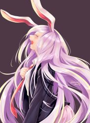 Rule 34 | 1girl, animal ears, artist name, blazer, blouse, chikuwa savy, collared shirt, crying, hand on own chest, highres, jacket, light purple hair, long hair, long sleeves, necktie, open mouth, pink skirt, pleated skirt, purple hair, rabbit ears, red necktie, reisen udongein inaba, shirt, simple background, skirt, solo, tears, touhou, very long hair, white shirt