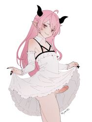 Rule 34 | 1boy, ahoge, bare shoulders, black nails, breastless clothes, censored, curtsey, demon boy, detached collar, detached sleeves, dress, erection, fingernails, highres, horns, long hair, looking at viewer, male focus, mosaic censoring, nipples, penis, pink eyes, pink hair, pointy ears, sharp fingernails, simple background, smile, smirk, solo, tagme, thighs, trap, white background, white dress