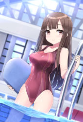 Rule 34 | 1girl, bare legs, blunt bangs, breasts, brown eyes, brown hair, closed mouth, collarbone, competition swimsuit, covered navel, dutch angle, highres, holding, idolmaster, idolmaster cinderella girls, indoors, kickboard, ktsecond, looking at viewer, medium breasts, mizumoto yukari, one-piece swimsuit, partially submerged, pool, red one-piece swimsuit, smile, steel beam, swimsuit, wading, water, window