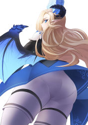 Rule 34 | 1girl, ass, blonde hair, blue eyes, blue headwear, blue skirt, from below, gooak, guardian tales, highres, horns, looking back, noble succubus bianca, pointy ears, skirt, solo, standing, white background, wings