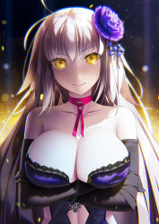 Rule 34 | 1girl, bad id, bad pixiv id, bare shoulders, black gloves, breast hold, breasts, cleavage, crossed arms, elbow gloves, fate/grand order, fate (series), flower, gloves, hair flower, hair ornament, hicage hisoca, highres, jeanne d&#039;arc (fate), jeanne d&#039;arc alter (avenger) (fate), jeanne d&#039;arc alter (fate), large breasts, long hair, looking at viewer, neck ribbon, official alternate costume, ribbon, silver hair, smile, solo, very long hair, yellow eyes