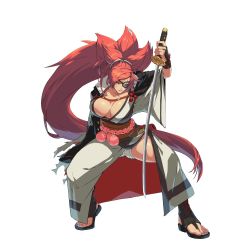 Rule 34 | 1girl, absurdres, amputee, arc system works, arm guards, armor, artist request, baiken, big hair, black jacket, black kimono, breasts, cleavage, clenched teeth, eyepatch, facial tattoo, fighting stance, greaves, guilty gear, guilty gear strive, highres, jacket, jacket on shoulders, japanese clothes, kataginu, katana, kimono, large breasts, long hair, multicolored clothes, multicolored kimono, official art, one-eyed, open clothes, open kimono, pink hair, ponytail, red eyes, samurai, sandals, sash, scar, scar across eye, scar on face, sheath, sword, tattoo, teeth, thighs, torn sleeve, transparent background, very long hair, weapon