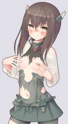 Rule 34 | 1girl, absurdres, bandaid, bandaids on nipples, bike shorts, blush, breasts, brown hair, commentary request, covering privates, covering nipples, hair between eyes, headband, headgear, highres, kantai collection, kupuru (hirumamiyuu), looking at viewer, navel, no bra, pasties, small breasts, solo, taihou (kancolle), torn clothes