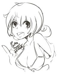 Rule 34 | 1girl, bra, breasts, cleavage, female focus, looking at viewer, monochrome, open mouth, penny (stardew valley), pupoo (artist), signature, smile, solo, stardew valley, underwear, undressing, upper body, white background