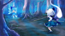 Rule 34 | 2girls, aichi genjin, back, battle, blue theme, chibi, cirno, floating, forest, ghost, hitodama, katana, konpaku youmu, konpaku youmu (ghost), multiple girls, nature, short hair, sword, touhou, tree, weapon