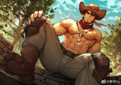 Rule 34 | 1boy, abs, bara, beard, boots, chrisanother, cowboy hat, dutch angle, facial hair, final fantasy, final fantasy xiv, foreshortening, hat, hy the highlander, jewelry, large pectorals, leather, leather boots, looking at viewer, male focus, mature male, muscular, muscular male, mustache, necklace, nipples, pectorals, second-party source, short hair, sitting, smile, solo, spread legs, stomach, sunlight, thick eyebrows, topless male, warrior of light (ff14)