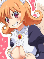 Rule 34 | 1girl, awa, blush, breasts, cleavage, feathered wings, flipped hair, ishuzoku reviewers, large breasts, looking at viewer, maid, maid headdress, meidri, monster girl, orange hair, puffy sleeves, short hair, smile, solo, teeth, wings