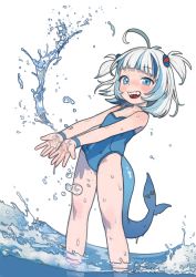 Rule 34 | 1girl, ahoge, blue eyes, blue hair, blue one-piece swimsuit, fins, fish tail, gawr gura, hair ornament, highres, hololive, hololive english, looking at viewer, multicolored hair, one-piece swimsuit, opossumachine, shark girl, shark tail, sharp teeth, smile, solo, splashing, standing, streaked hair, swimsuit, tail, teeth, virtual youtuber, wading, water, white background, white hair