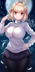 Rule 34 | 1girl, absurdres, antenna hair, arcueid brunestud, black pantyhose, blonde hair, blush, breasts, closed mouth, full moon, hair intakes, hand in own hair, hand on own hip, highres, jewelry, large breasts, long sleeves, looking at viewer, moon, nano (syoutamho), necklace, night, night sky, pantyhose, red eyes, short hair, skirt, sky, smile, solo, sweater, thighs, tsukihime, turtleneck, turtleneck sweater, white sweater, wide hips