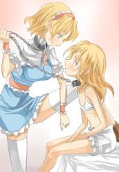 Rule 34 | 2girls, alice margatroid, bdsm, blonde hair, bloomers, blue skirt, bonnet, bra, bracelet, breasts, capelet, chain, chain leash, collar, dress, eye contact, female focus, femdom, flat chest, frills, hairband, impossible clothes, impossible dress, jewelry, kirisame marisa, large breasts, leaning forward, leash, lingerie, linked collar, long hair, looking at another, maid, multiple girls, on bed, sitting, skindentation, skinny, skirt, spread legs, standing, thighhighs, thighs, touhou, underwear, underwear only, white bloomers, white legwear, yohane, yuri, zettai ryouiki