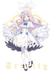 Rule 34 | 1girl, angel wings, black footwear, blue archive, blush, breasts, capelet, crescent, crescent pin, dress, feathered wings, flower, frilled dress, frills, full body, hair bun, hair flower, hair ornament, halo, highres, kousuke0912, long hair, looking at viewer, medium breasts, mika (blue archive), open mouth, pantyhose, pink hair, pink halo, purple flower, shoes, simple background, single side bun, smile, solo, white background, white capelet, white dress, white pantyhose, white wings, wings, yellow eyes