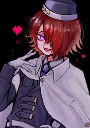 Rule 34 | 1boy, black background, black headwear, black jacket, cape, collared shirt, commentary request, gloves, hair over one eye, heart, jacket, long sleeves, looking at viewer, male focus, master detective archives: rain code, necktie, open mouth, purple eyes, red hair, roro 6638, shirt, short hair, simple background, smile, solo, upper body, white cape, white gloves, white shirt, yomi hellsmile