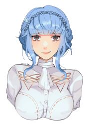Rule 34 | 1girl, ascot, black eyes, blue hair, blush, braid, commentary, covered collarbone, crown braid, english commentary, fire emblem, fire emblem: three houses, highres, itsaboutspoons, looking at viewer, marianne von edmund, nervous, nintendo, portrait, shirt, sidelocks, smile, solo, straight-on, white ascot, white background, white shirt