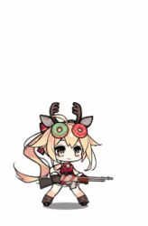 Rule 34 | 1girl, animal ears, animated, animated gif, antlers, automatic rifle, black footwear, blonde hair, blush, chibi, christmas, deer ears, dress, full body, girls&#039; frontline, grey eyes, gun, horns, leg warmers, legs apart, light machine gun, long hair, lowres, m1918 (girls&#039; frontline), m1918 (war is over) (girls&#039; frontline), m1918 bar, machine gun, official alternate costume, official art, open mouth, red dress, short dress, sidelocks, simple background, smile, solo, squad automatic weapon, standing, stuffed animal, stuffed toy, teddy bear, weapon, white background
