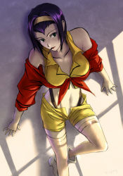 Rule 34 | 1990s (style), 1girl, bad id, bad pixiv id, bare shoulders, breasts, cigarette, collarbone, cowboy bebop, crop top, faye valentine, green eyes, hairband, highres, kzcjimmy, medium breasts, midriff, mouth hold, navel, orange hairband, purple hair, shade, shirt, short hair, shorts, sleeves rolled up, solo, suspenders, thighhighs, tied shirt