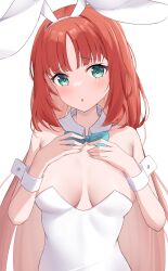 Rule 34 | 1girl, alternate costume, animal ears, aqua eyes, bare arms, bare shoulders, blue bow, blue bowtie, bow, bowtie, breasts, breasts apart, collar, commentary request, detached collar, fake animal ears, genshin impact, hairband, hands on own chest, hands up, highres, leotard, long hair, looking at viewer, medium breasts, nilou (genshin impact), nyuu (pixiv12143565), parted bangs, playboy bunny, rabbit ears, raised eyebrows, red hair, sidelocks, simple background, solo, strapless, strapless leotard, upper body, very long hair, white background, white collar, white hairband, white leotard, white wrist cuffs, wrist cuffs