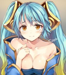 Rule 34 | 1girl, aqua hair, bare shoulders, blonde hair, blush, breasts, brown eyes, character name, cleavage, gradient hair, hand on own chest, large breasts, league of legends, looking at viewer, momoko (momopoco), multicolored hair, portrait, solo, sona (league of legends), twintails, upper body