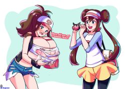 Rule 34 | 2girls, absurdres, be engineer, blue eyes, blush, breast expansion, breasts, creatures (company), female focus, game freak, gen 2 pokemon, gigantic breasts, hat, highres, hilda (pokemon), huge breasts, lactation, large areolae, large nipples, long hair, medium breasts, miltank, multiple girls, nintendo, nipples, pokemon, pokemon bw, pokemon bw2, ponytail, rosa (pokemon), shorts, simple background, torn clothes