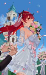 Rule 34 | 1girl, answer (l c123), azur lane, bad id, bad pixiv id, bare shoulders, blue sky, blush, bouquet, bow, breasts, bridal gauntlets, church, closed mouth, day, dress, earrings, flower, grey rose, hair ornament, highres, honolulu (azur lane), jewelry, large breasts, moon, out of frame, outdoors, pink bow, pink flower, pink rose, ring, rose, sky, solo focus, standing, veil, wedding, wedding band, wedding dress, white dress, yellow flower, yellow rose