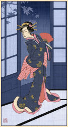 Rule 34 | 1girl, black hair, black kimono, border, branch, commentary, english commentary, eyeshadow, fine art parody, full body, geisha, hair ornament, hairpin, hand fan, highres, holding, holding knife, indoors, japanese clothes, kimono, knife, leaf, lipstick, long sleeves, looking back, makeup, nihonga, official art, paper fan, paper wall, parody, parted lips, red eyeshadow, roland macdonald, short hair, silhouette, sliding doors, solo, standing, tatami, total war: shogun 2