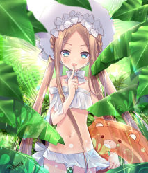 Rule 34 | 1girl, abigail williams (fate), abigail williams (swimsuit foreigner) (fate), abigail williams (swimsuit foreigner) (third ascension) (fate), bare shoulders, bikini, blonde hair, blue eyes, blush, bonnet, bow, braid, breasts, fate/grand order, fate (series), forehead, forest, hair rings, ikegami akane, index finger raised, innertube, long hair, looking at viewer, microskirt, multiple bows, nature, navel, open mouth, parted bangs, sidelocks, skirt, small breasts, smile, solo, swim ring, swimsuit, thighs, twin braids, white bikini, white bow, white headwear