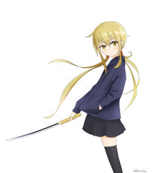 Rule 34 | absurdres, alternate costume, artist request, black skirt, black thighhighs, blonde hair, hand in pocket, highres, holding, holding weapon, kantai collection, long hair, satsuki (kancolle), simple background, skirt, solo, sword, thighhighs, twintails, weapon, white background, yellow eyes